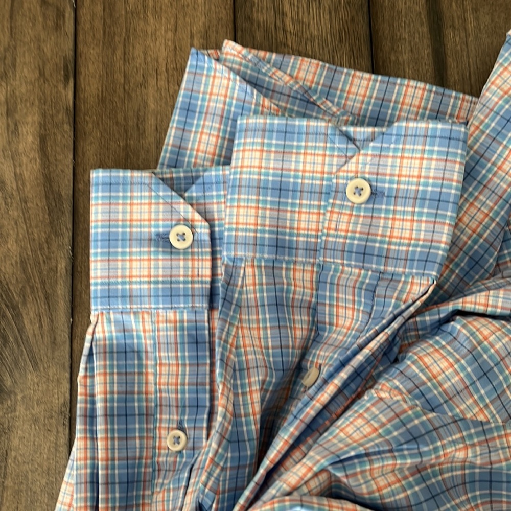 NWT Cremieux Performance (L) Long Sleeved Blues/White/Orange Plaid Button Down - Picture 3 of 4